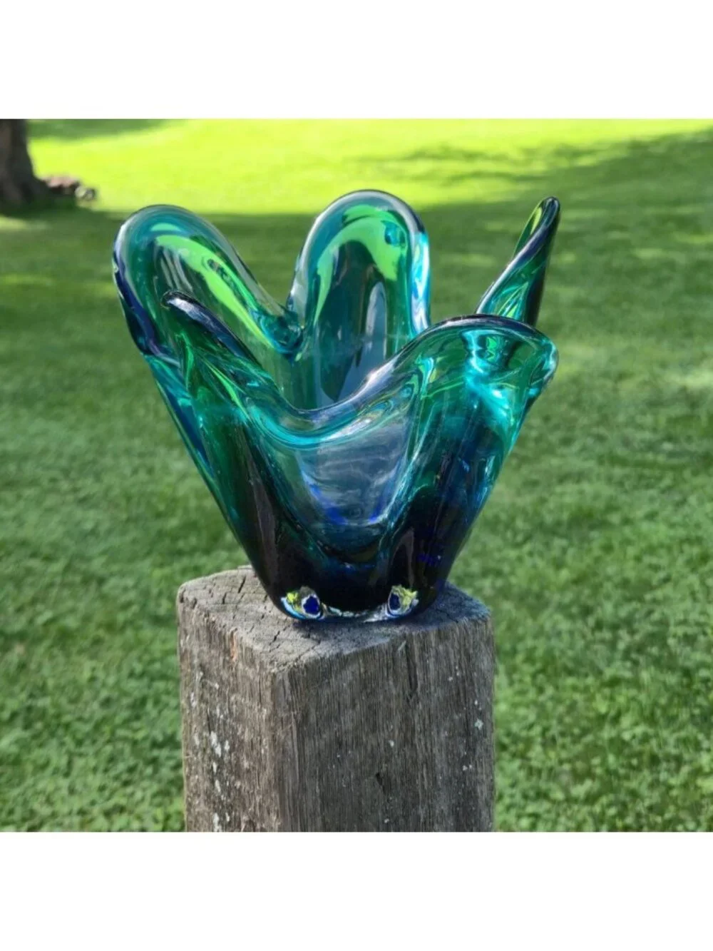 Turquoise Aquamarine Handkerchief Glass Vase MCM Mod Rippled VTG Sculptural Art